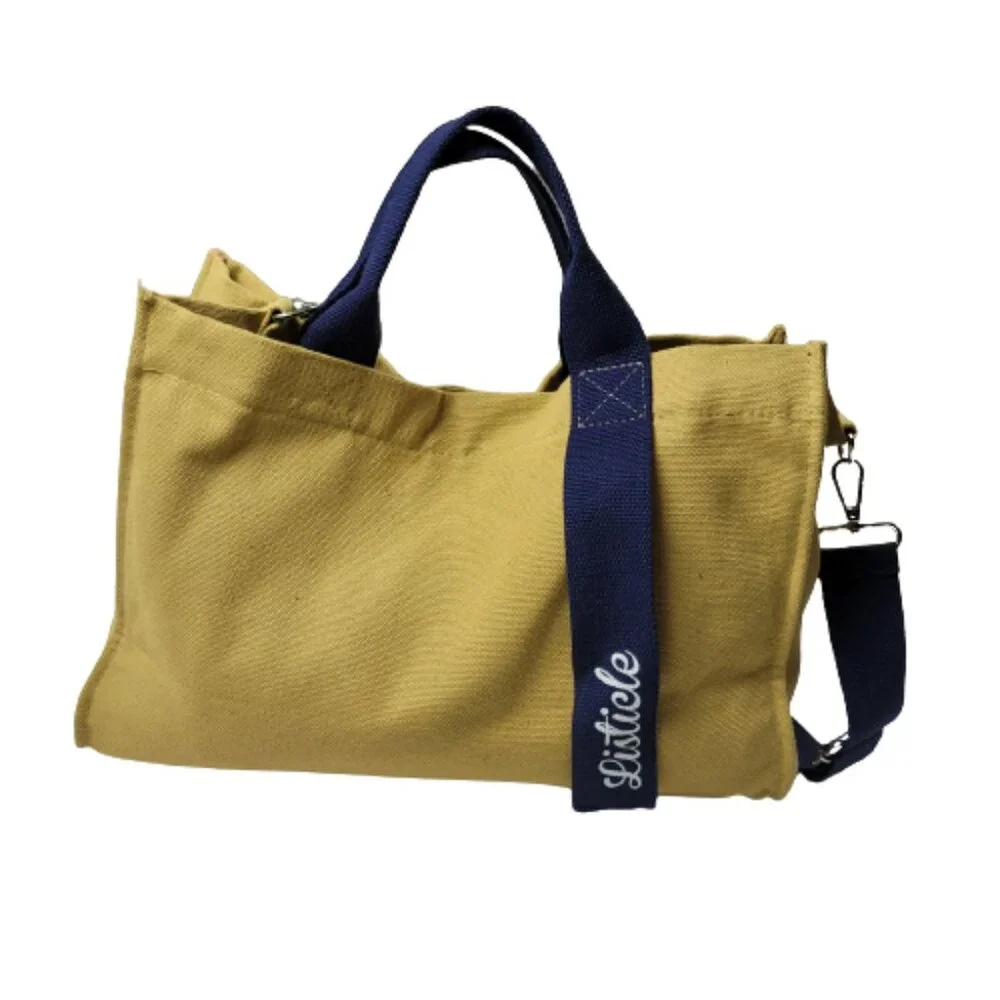 Listicle Canvas Crossbody Tote Bag Tan Adjustable Strap